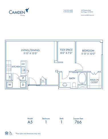 Blueprint of A5 Floor Plan, 1 Bedroom and 1 Bathroom at Camden Tuscany Apartments in San Diego, CA