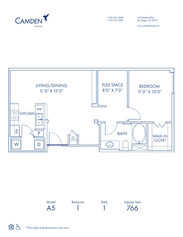 Blueprint of A5 Floor Plan, 1 Bedroom and 1 Bathroom at Camden Tuscany Apartments in San Diego, CA