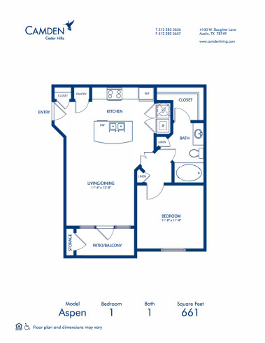 Blueprint of Aspen Floor Plan, 1 Bedroom and 1 Bathroom at Camden Cedar Hills Apartments in Austin, TX