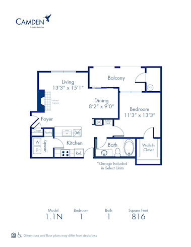 Blueprint of 1.1N Floor Plan, 1 Bedroom and 1 Bathroom at Camden Lansdowne Apartments in Lansdowne, VA