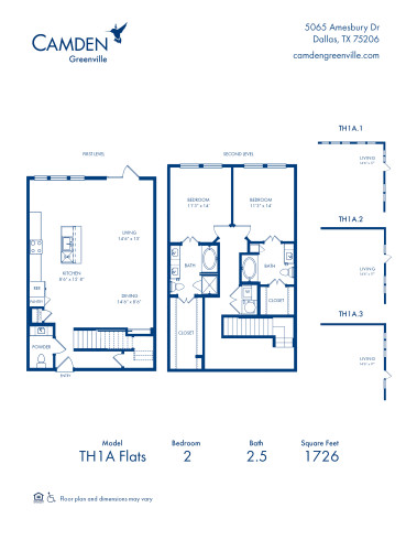 Camden Greenville Apartments, Dallas, TX TH1A Floor Plan, Two Bedroom-Two and a Half Bathroom Townhome