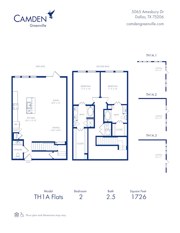 Camden Greenville Apartments, Dallas, TX TH1A Floor Plan, Two Bedroom-Two and a Half Bathroom Townhome