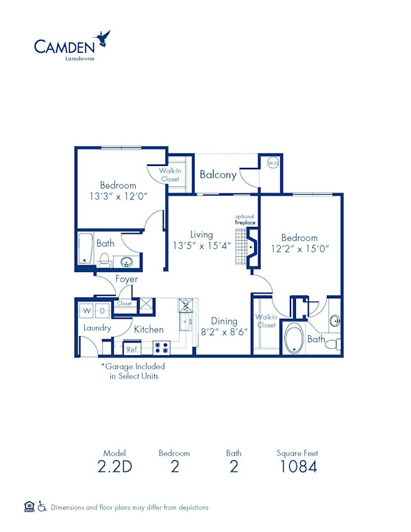 Blueprint of 2.2D Floor Plan, 2 Bedrooms and 2 Bathrooms at Camden Lansdowne Apartments in Lansdowne, VA