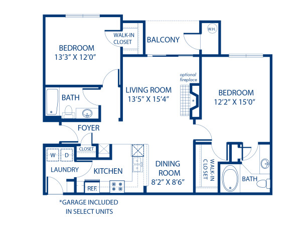 Blueprint of 2.2D Floor Plan, 2 Bedrooms and 2 Bathrooms at Camden Lansdowne Apartments in Lansdowne, VA