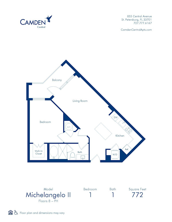 Camden Central apartments in St. Petersburg, Florida one bedroom floor plan blueprint, Michelangelo II