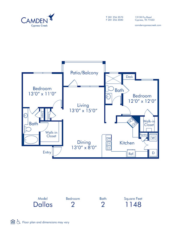 Blueprint of Dallas Floor Plan, 2 Bedrooms and 2 Bathrooms at Camden Cypress Creek Apartments in Cypress, TX