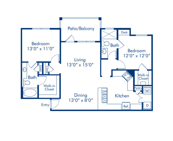 Blueprint of Dallas Floor Plan, 2 Bedrooms and 2 Bathrooms at Camden Cypress Creek Apartments in Cypress, TX