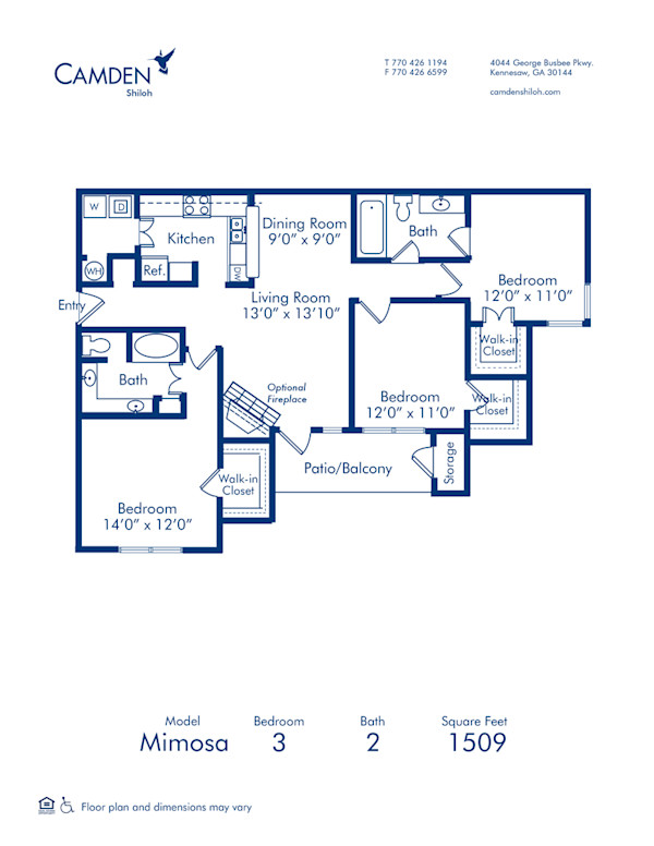 Blueprint of Mimosa Floor Plan, 3 Bedrooms and 2 Bathrooms at Camden Shiloh Apartments in Kennesaw, GA