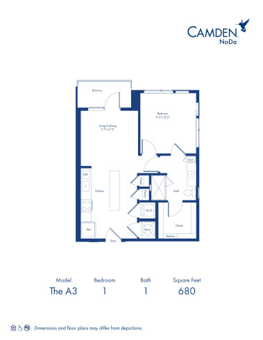 The A3 floor plan, 1 bed, 1 bath at Camden NoDa Apartments in Charlotte, NC