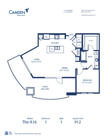 Blueprint of A16 Floor Plan, 1 Bedroom and 1 Bathroom at Camden Victory Park Apartments in Dallas, TX