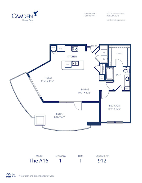 Blueprint of A16 Floor Plan, 1 Bedroom and 1 Bathroom at Camden Victory Park Apartments in Dallas, TX