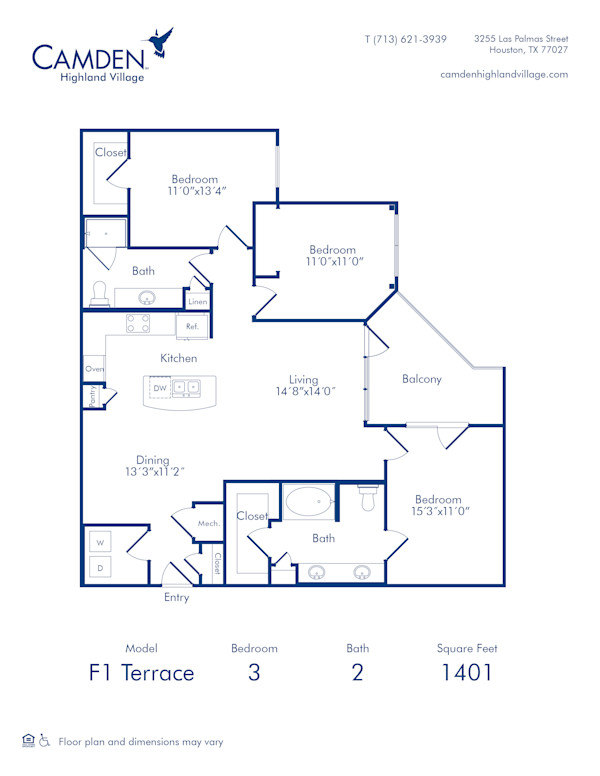 Camden Highland Village apartments in Houston, TX Terrace three bedroom floor plan F1