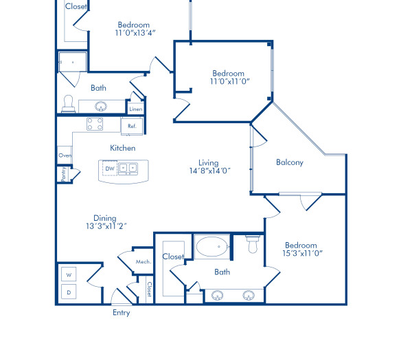 Camden Highland Village apartments in Houston, TX Terrace three bedroom floor plan F1