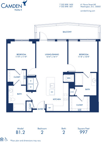 Blueprint of B1.2 Floor Plan, 2 Bedrooms and 2 Bathrooms at Camden NoMa II Apartments in Washington, DC