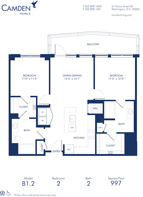Blueprint of B1.2 Floor Plan, 2 Bedrooms and 2 Bathrooms at Camden NoMa II Apartments in Washington, DC