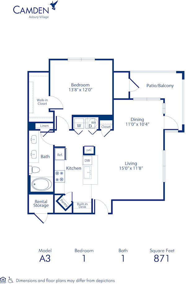Blueprint of A3 Floor Plan, 1 Bedroom and 1 Bathroom at Camden Asbury Village Apartments in Raleigh, NC
