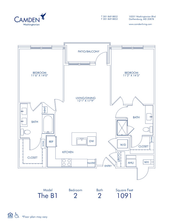 Blueprint of The B1, 2 bedroom 2 bathroom floor plan at Camden Washingtonian Apartments in Gaithersburg, MD