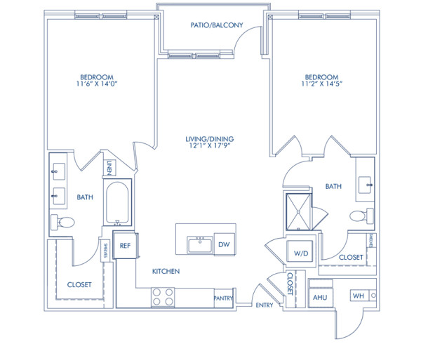 Blueprint of The B1, 2 bedroom 2 bathroom floor plan at Camden Washingtonian Apartments in Gaithersburg, MD