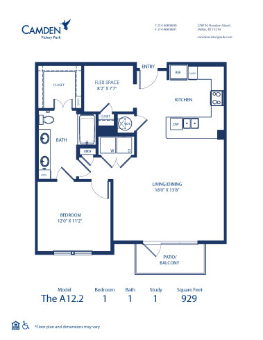 Blueprint of A12.2 Floor Plan, 1 Bedroom and 1 Bathroom at Camden Victory Park Apartments in Dallas, TX