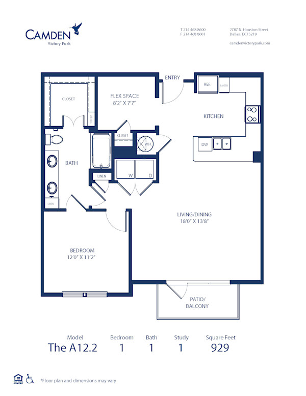 Blueprint of A12.2 Floor Plan, 1 Bedroom and 1 Bathroom at Camden Victory Park Apartments in Dallas, TX