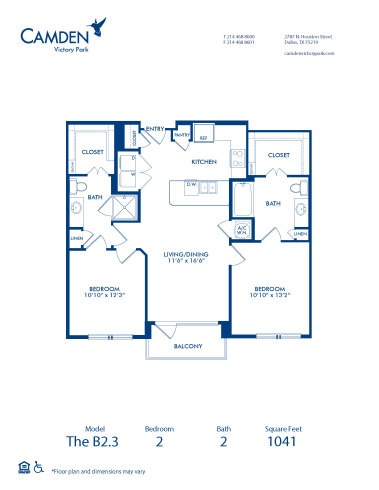 Blueprint of B2.3 Floor Plan, 2 Bedrooms and 2 Bathrooms at Camden Victory Park Apartments in Dallas, TX