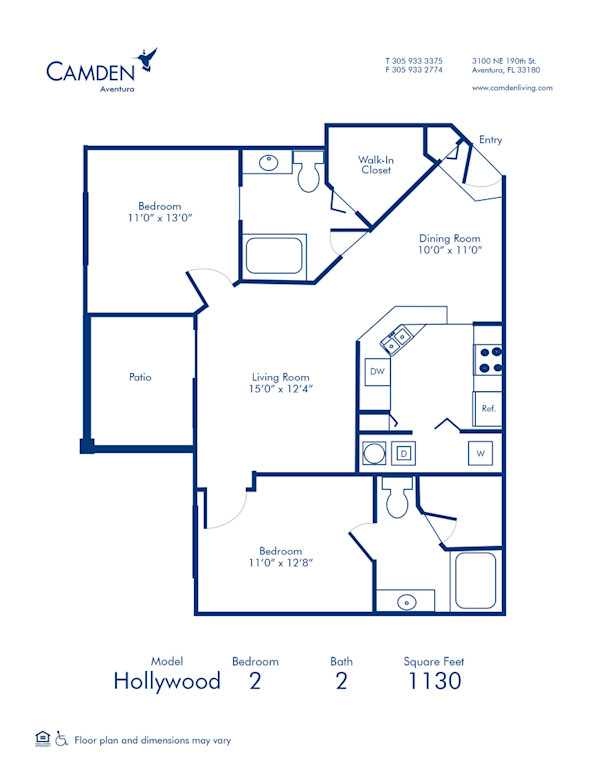 Blueprint of Hollywood Floor Plan, 2 Bedrooms and 2 Bathrooms at Camden Aventura Apartments in Aventura, FL