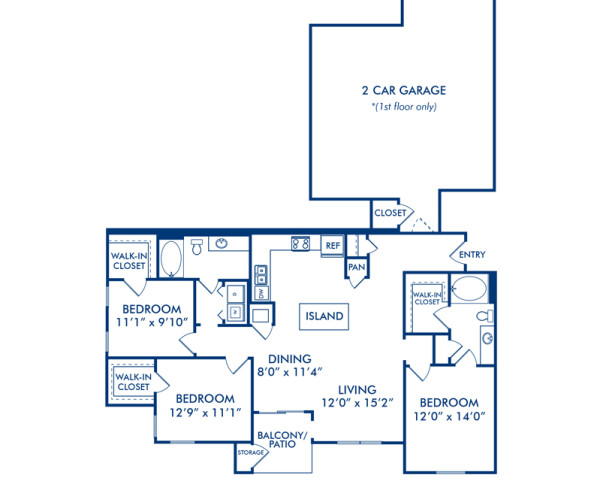 Blueprint of Quarterhorse G Floor Plan, 3 Bedrooms and 2 Bathrooms at Camden Downs at Cinco Ranch Apartments in Katy, TX