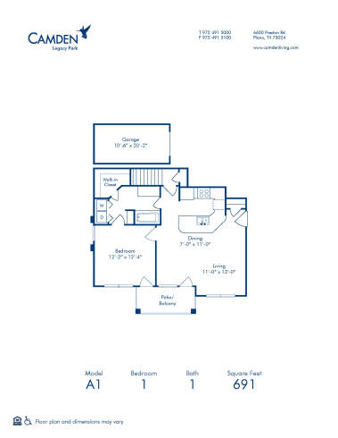 Blueprint of A1 Floor Plan, 1 Bedroom and 1 Bathroom at Camden Legacy Park Apartments in Plano, TX