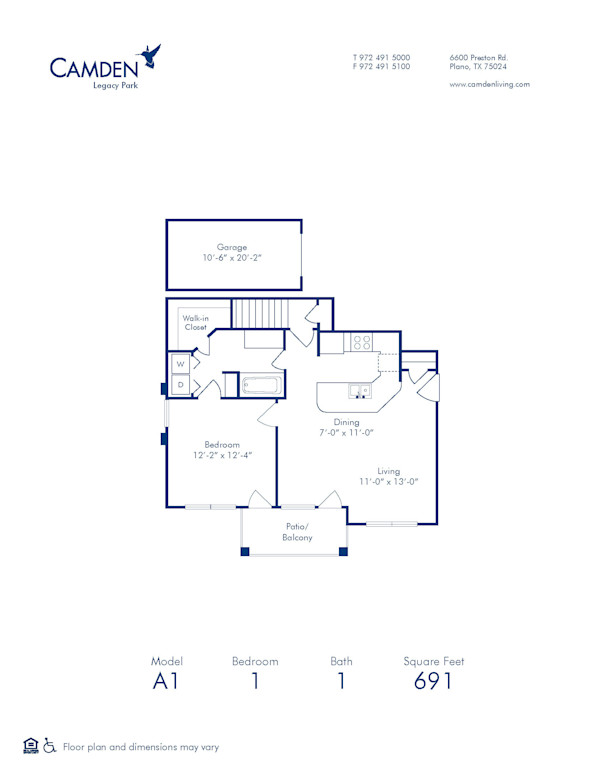 Blueprint of A1 Floor Plan, 1 Bedroom and 1 Bathroom at Camden Legacy Park Apartments in Plano, TX