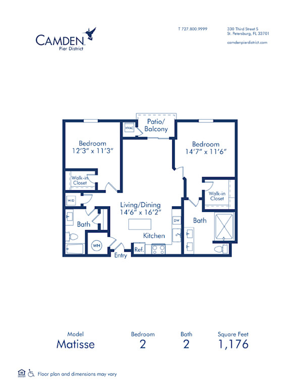 Blueprint of Matisse floor plan, 2 bedroom and 2 bathroom apartment home at Camden Pier District in St. Petersburg, FL