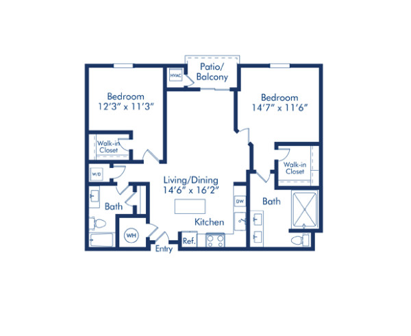 Blueprint of Matisse floor plan, 2 bedroom and 2 bathroom apartment home at Camden Pier District in St. Petersburg, FL