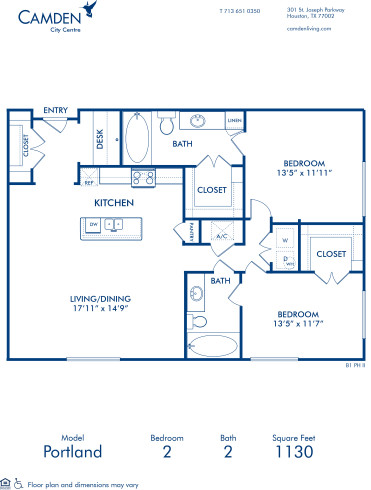 Blueprint of Portland II Floor Plan, 2 Bedrooms and 2 Bathrooms at Camden City Centre II Apartments in Houston, TX