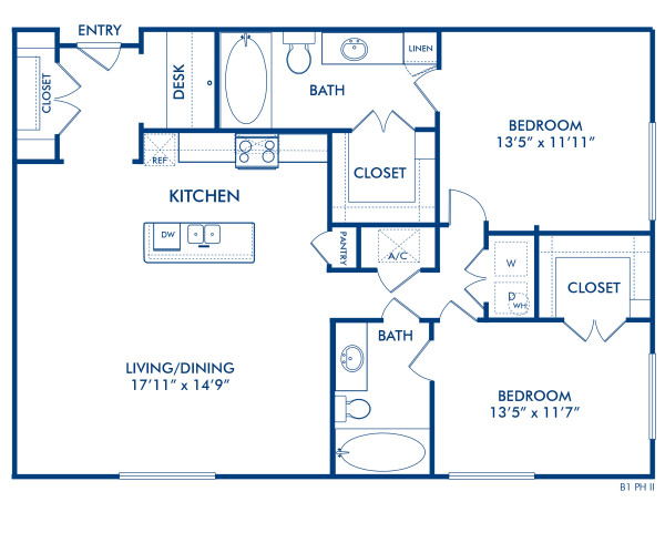 Blueprint of Portland II Floor Plan, 2 Bedrooms and 2 Bathrooms at Camden City Centre II Apartments in Houston, TX