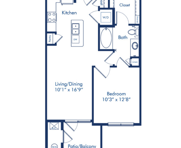 Blueprint of Belleview Floor Plan, 1 Bedroom and 1 Bathroom at Camden Lincoln Station Apartments in Lone Tree, CO