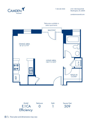 Blueprint of E.1CA Floor Plan, Studio with 1 Bathroom at Camden Roosevelt Apartments in Washington, DC