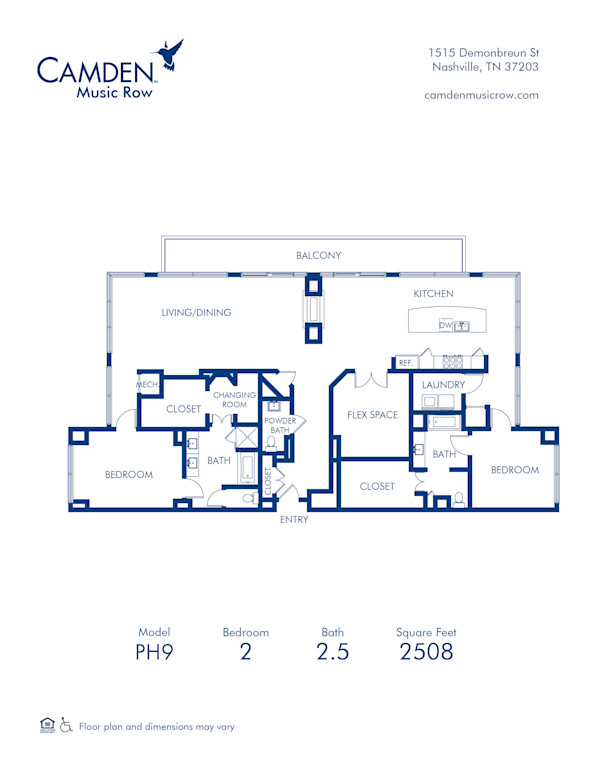 Blueprint of P9 Floor Plan, 2 Bedrooms and 2.5 Bathrooms at Camden Music Row Apartments in Nashville, TN