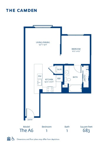 Blueprint of A6 Floor Plan, 1 Bedroom and 1 Bathroom Apartment Home at The Camden in Hollywood, CA