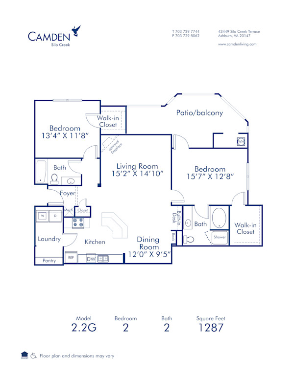 Blueprint of 2.2G Floor Plan, 2 Bedrooms and 2 Bathrooms at Camden Silo Creek Apartments in Ashburn, VA