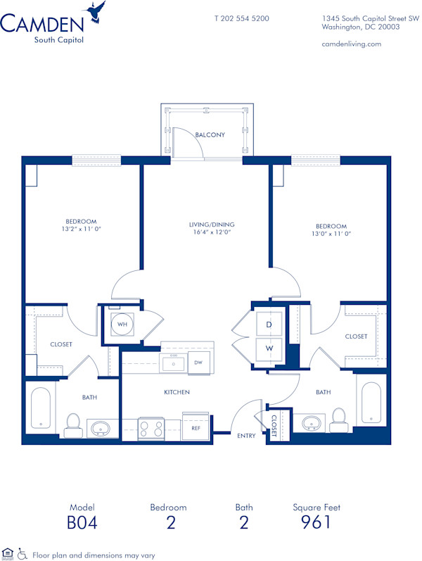 Blueprint of B04 Floor Plan, 2 Bedrooms and 2 Bathrooms at Camden South Capitol Apartments in Washington, DC