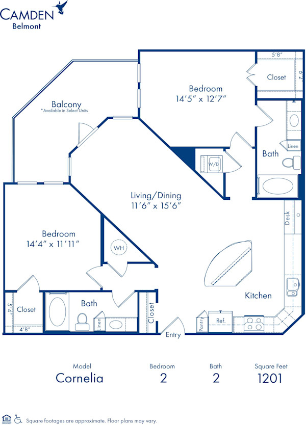 Blueprint of Cornelia Floor Plan, 2 Bedrooms and 2 Bathrooms at Camden Belmont Apartments in Dallas, TX