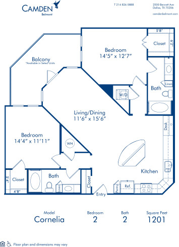 Blueprint of Cornelia Floor Plan, 2 Bedrooms and 2 Bathrooms at Camden Belmont Apartments in Dallas, TX
