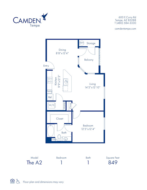 Blueprint of The A2 Floor Plan, 1 Bedroom and 1 Bathroom at Camden Tempe Apartments in Tempe, AZ
