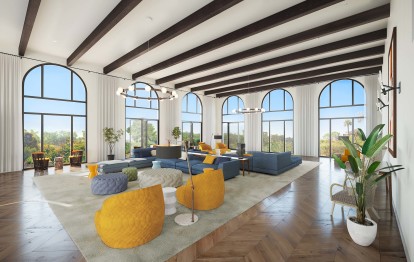 Resident lounge with large arched windows
