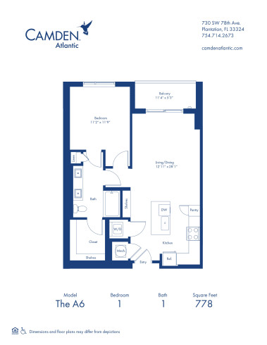 The A6 floor plan, 1 bed, 1 bath apartment home at Camden Atlantic in Plantation, FL
