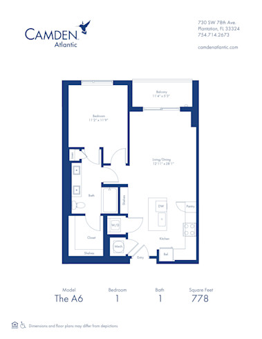 The A6 floor plan, 1 bed, 1 bath apartment home at Camden Atlantic in Plantation, FL