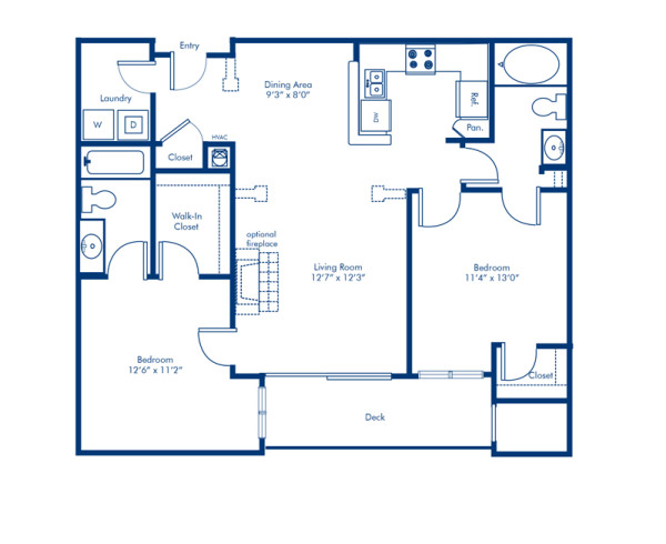 2.2B floor plan at Camden Fair Lakes apartments, 2 bed, 2 bath