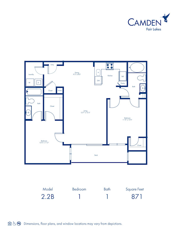 2.2B floor plan at Camden Fair Lakes apartments, 2 bed, 2 bath