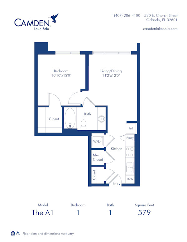 Camden Lake Eola apartments in Downtown Orlando, FL, one bedroom, one bathroom floor plan A1