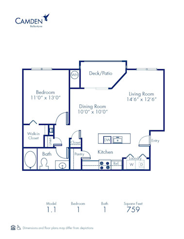 Blueprint of 1.1 Floor Plan, 1 Bedroom and 1 Bathroom at Camden Ballantyne Apartments in Charlotte, NC