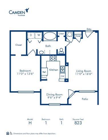 Blueprint of H Floor Plan, 1 Bedroom and 1 Bathroom at Camden Vanderbilt Apartments in Houston, TX